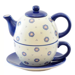 Tadar Dzbanek Do Herbaty I Kawy Z Filiżanką I Spodkiem Ceramiczny Folklor Kółka Kremowy 0,4 L - Dzbanki i imbryki - miniaturka - grafika 1