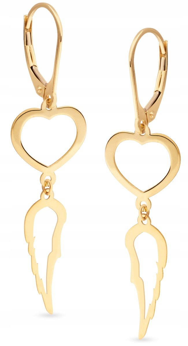 PIĘKNE ZŁOTE KOLCZYKI WISZĄCE SERCE SKRZYDŁO 585