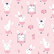 Pasmanteria - Tkanina bawełniana króliki na huśtawkach na morelowym tle - miniaturka - grafika 1