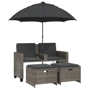 vidaXL Sofa ogrodowa 2-osobowa, parasol i stołek z szarego polirattanu - Sofy ogrodowe - miniaturka - grafika 1