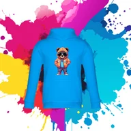 Bluzy dla dziewczynek - Bluza dziecięca typu kangurka z kapturem w kolorze niebieskim z nadrukiem Miś Leszek 4 lata - miniaturka - grafika 1