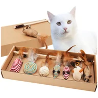 Zabawki dla kotów - Zabawka dla kota mysz wędka drapak zestaw zabawek dla kotów 7 szt. z piórkami - miniaturka - grafika 1