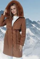 Kurtki damskie - Jasnobrązowa Kurtka Typu Parka z Kapturem i Odpinanym Kołnierzem Ściągana w Talii Semithira - miniaturka - grafika 1