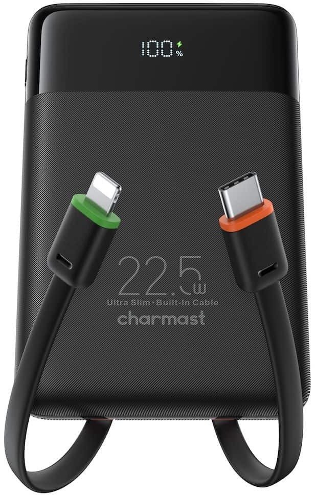 Powerbank Powerbank Charmast W1202 PD3.0 3A 22,5W 10000 mAh z wbudowanymi kablami USB C / Lightning czarny
