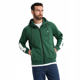 Rozpinana bluza męska z kapturem lampasy ciemnozielona OM-SSZP-0210 V7 XL - Bluzy męskie - miniaturka - grafika 1