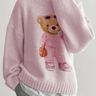 Swetry damskie - TEMU Sweter Damski z Nadrukiem Misia w Kolorze Różowym - Długi Rękaw, Luźny Krój, Okrągły Dekolt, Styl Casual, Idealny na Jesień/Zimę, Codzienny - miniaturka - grafika 1