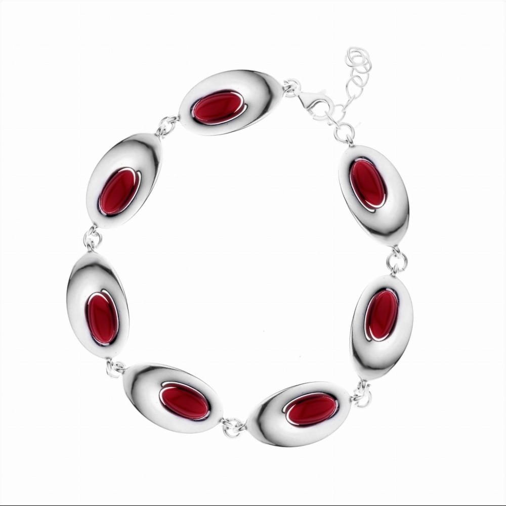 Srebrna bransoletka 925 gładka z czerwonymi kamieniami - Koral