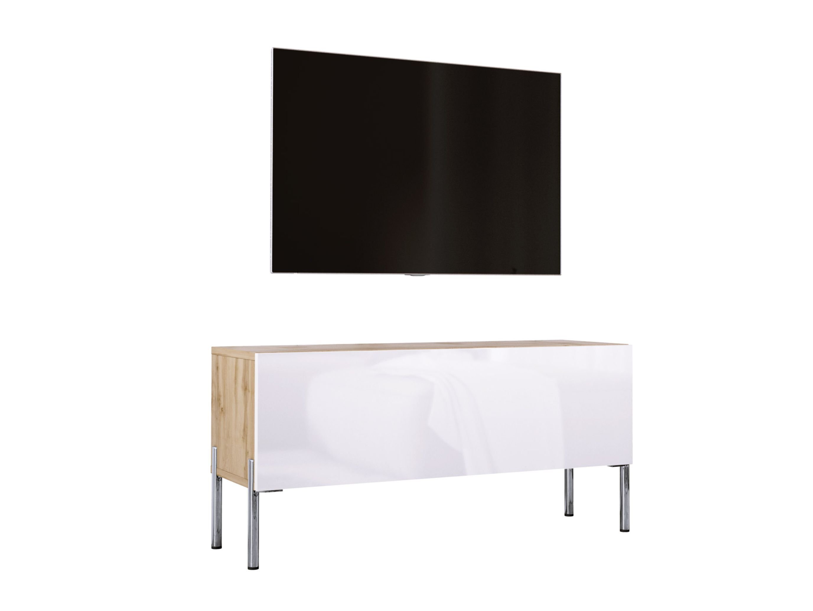 Szafka pod telewizor w kolorze dąb Wotan / biały wysoki połysk z chromowanymi nogami, A: szer: 100 cm cm, wys: 52 cm, gł: 32 cm. Meble pod telewizor, stolik pod telewizor, ława pod telewizor