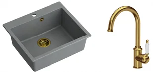 Quadron Zlewozmywak granitowy jednokomorowy 57*50*22 cm MORGAN 110 SILVER STONE ze złotym odpływem z baterią RACHEL Q LINE kolor złoty - Zlewozmywaki z baterią - miniaturka - grafika 1