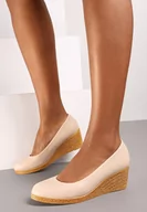 Półbuty damskie - Beżowe Półbuty na Plecionym Koturnie ze Skórzaną Wkładką Terivannes - miniaturka - grafika 1