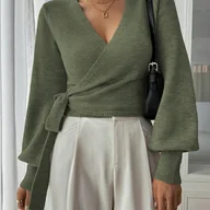 Swetry damskie - TEMU Elegancka Sukienka Sweterowa z Dekoltem w Serek i Krzyżującymi się Ramiączkami dla Kobiet - Krótka Długość z Dopasowaną Talią, Jednokolorowa z - miniaturka - grafika 1