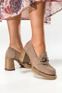 Mokasyny damskie - Beżowe mokasyny skórzane damskie na szerokim klocku ze srebrną ozdobą PRODUKT POLSKI Casu 20177 - miniaturka - grafika 1
