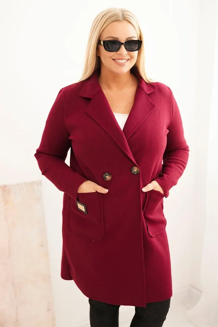 Płaszcz damski elegancki Plus Size z kołnierzem i dużymi kieszeniami śliwkowy