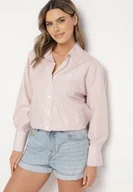 Koszule damskie - Beżowa Bawełniana Koszula Oversize w Prążki Zdobiona Metaliczną Nicią Paserella - miniaturka - grafika 1