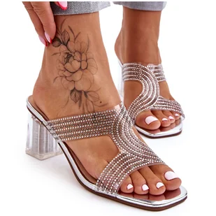 S.Barski Klapki Na Obcasie Z Dżetami Srebrne Jaxen srebrny - Klapki i japonki damskie - miniaturka - grafika 1