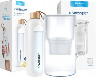 Zestaw Wessper: szklany dzbanek AquaMax Crystalline 3L z filtrem + szklana butelka motywacyjna ActiveMax Crystalline 1L z silikonowym rękawem biały - Dzbanki i imbryki - miniaturka - grafika 1