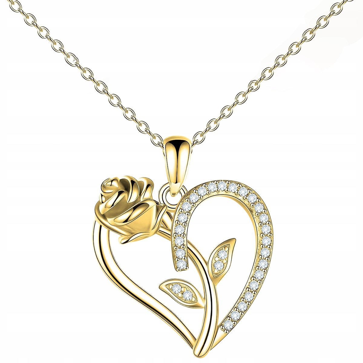 Złoty Naszyjnik Serce Róża w Cyrkonii Kwiat Kwiatek Serduszko SREBRO 925