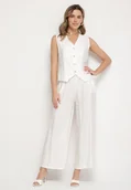 Komplety damskie - Biały Komplet Garniturowy z Lnem Zdobiony Cyrkoniami Kamizelka i Spodnie Rederose - miniaturka - grafika 1