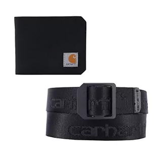 Paski - Carhartt Męskie passcase, trwałe portfele dwuskładane, dostępne w stylu skóry i płótna, zestaw prezentowy portfel i pasek (czarny portfel, czarny rozmiar średni pasek), jeden rozmiar - grafika 1