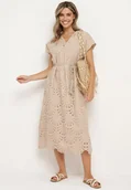 Sukienki - Beżowa Sukienka z Bawełny Zdobiona Haftem z Krótkim Rękawem i Materiałowym Paskiem Dimisha - miniaturka - grafika 1