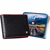 Portfele - Czarny, ażurowy portfel męski Peterson, czerwony rant, 9,5 x 12 x 2 cm - miniaturka - grafika 1