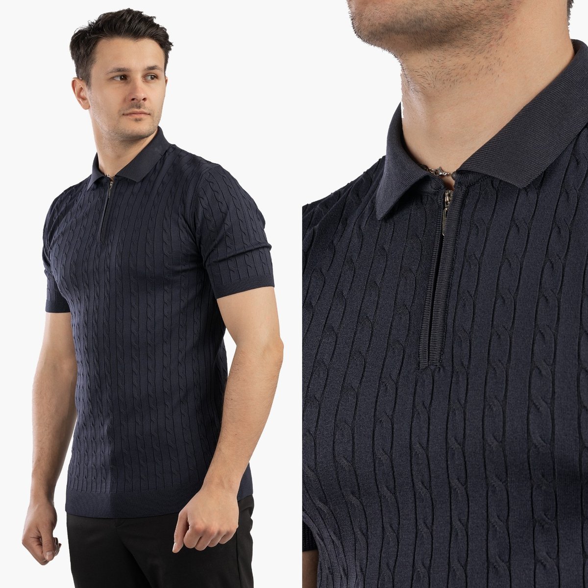 Koszulka Męska Polo Z Kołnierzykiem Rozpinana Dzianinowa Elegancka Granatowa XXL Granatowy