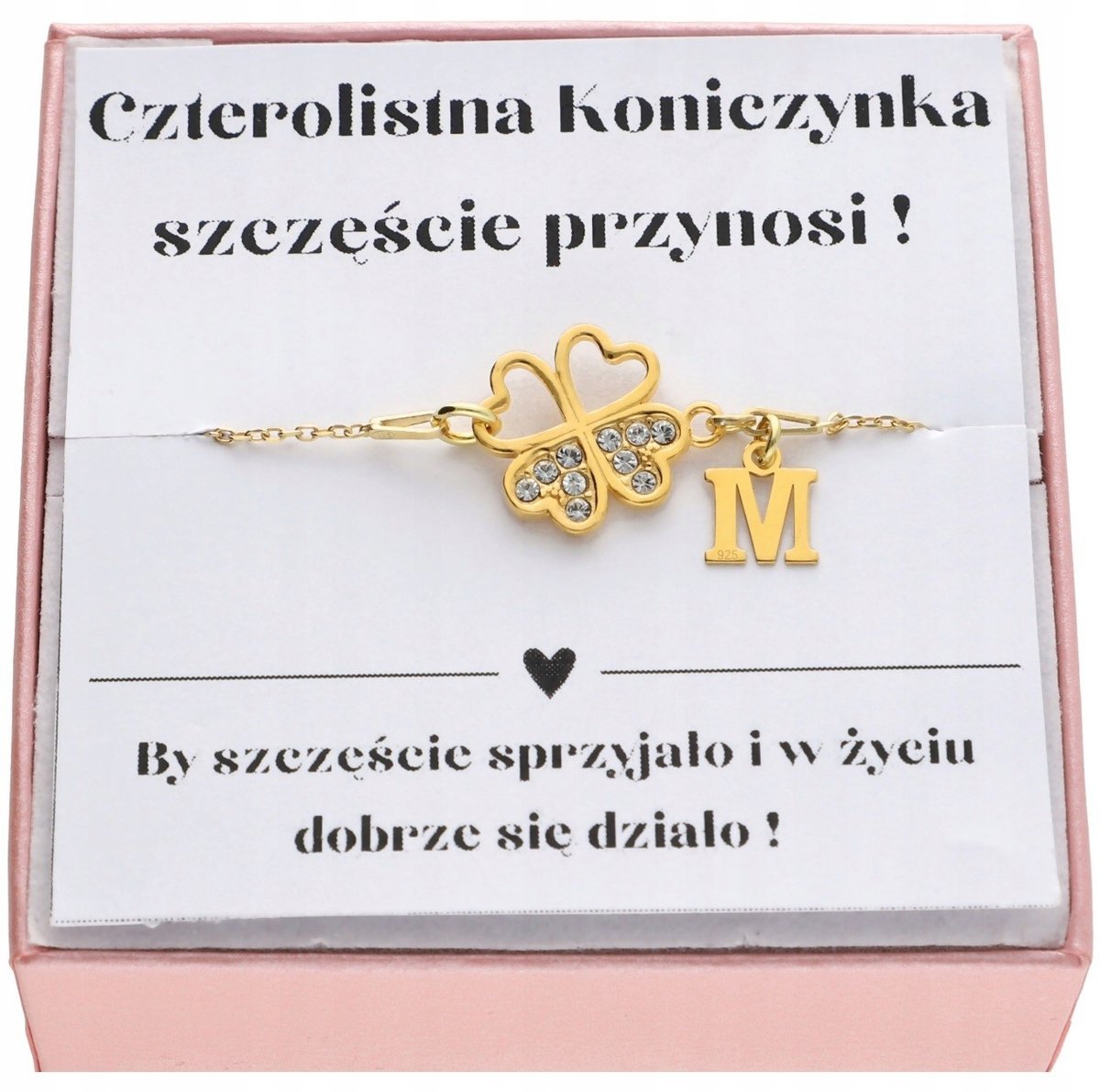 ZŁOTA bransoletka z koniczynką na szczęście KONICZYNKA literka PRÓBA 925