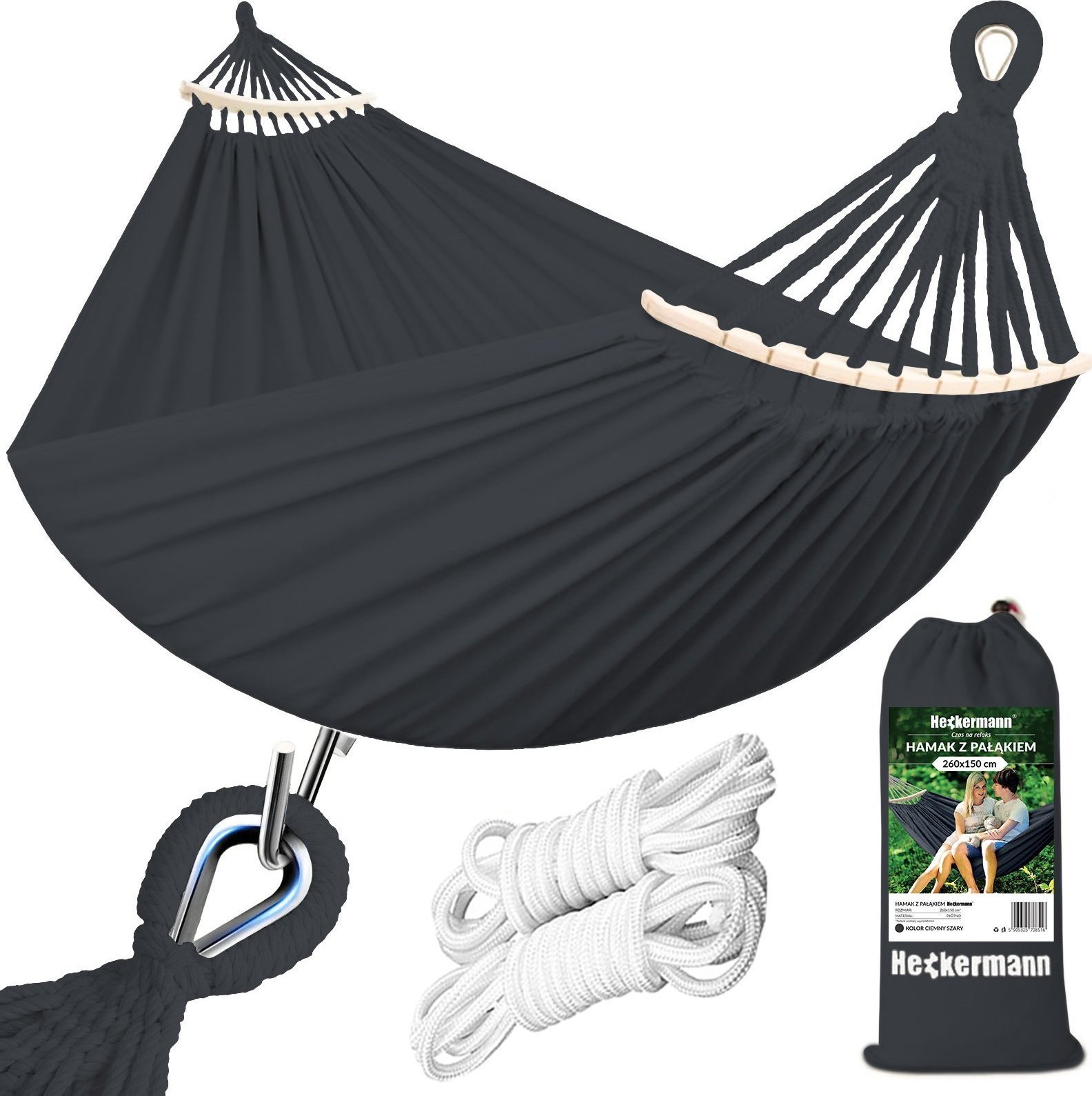 Heckermann Hamak sznurkowo-drewniany 260x150cm Grafitowy