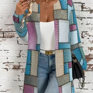 Kurtki damskie - TEMU Stylowy Kardigan Damski w Blokach Kolorów - Luźny Krój z Długim Rękawem i Okrągłym Dekoltem, Geometryczny Wzór w Niebieskim, Różowym, Beżowym i - miniaturka - grafika 1