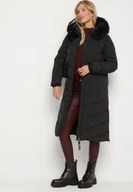 Kurtki damskie - Czarna Długa Kurtka z Pikowanymi Przeszyciami i Kapturem z Futerkiem Galella - miniaturka - grafika 1