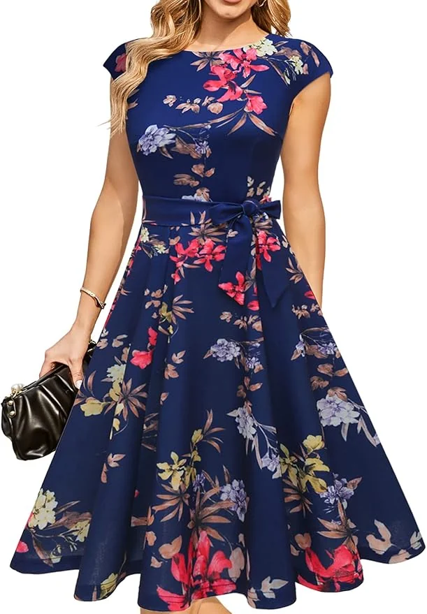 Sukienka Wizytowa Koktajlowa Vintage Retro Elegancka Granatowa w Kwiaty 2XL