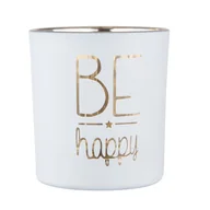 Świeczniki - Świecznik szklany, biały ze złotym wnętrzem dekorowany Be happy, 7x8 cm - miniaturka - grafika 1