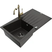 Zlewozmywaki z baterią - Mexen Cesar zlewozmywak granitowy 1-komorowy z ociekaczem i baterią kuchenną Carla, czarny/złoty metalik - miniaturka - grafika 1