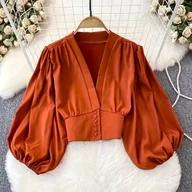 Koszule damskie - TEMU Bluzka Damska z Eleganckim Dekoltem w Serek i Latarniankowymi Rękawami - Wysoki Stan, Krótki Fason z Asymetrycznym Detalem, Jednokolorowa, - miniaturka - grafika 1