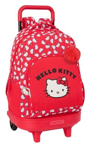 Safta HELLO KITTY ICONIC duży plecak na kółkach, kompaktowy, zdejmowany, idealny dla dzieci w różnym wieku, wygodny i wszechstronny, jakość i wytrzymałość, 33 x 22 x 45 cm, Czerwony/biały, M, Casual
