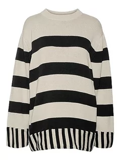 Swetry damskie - VERO MODA Damski sweter Vmelouis Stripe Ls Oversize O-Neck Pull, Birch/paski: w kolorze czarnym, L - grafika 1