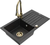 Zlewozmywaki z baterią - Mexen Pablo zlewozmywak granitowy 1-komorowy z ociekaczem i baterią kuchenną Elia, czarny/srebrny metalik - 6510-73-670101-50 - miniaturka - grafika 1