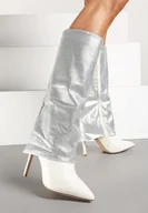 Kozaki damskie - Białe Kozaki na Szpilce z Wywiniętą Cholewką Zdobioną Cyrkoniami Tintelia - miniaturka - grafika 1