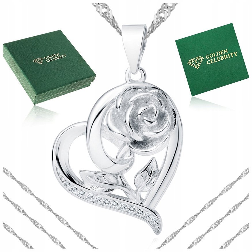 Piękny Naszyjnik Singapur + Serce Z Różą Srebro 925 Prezent Dla Mamy, Żony