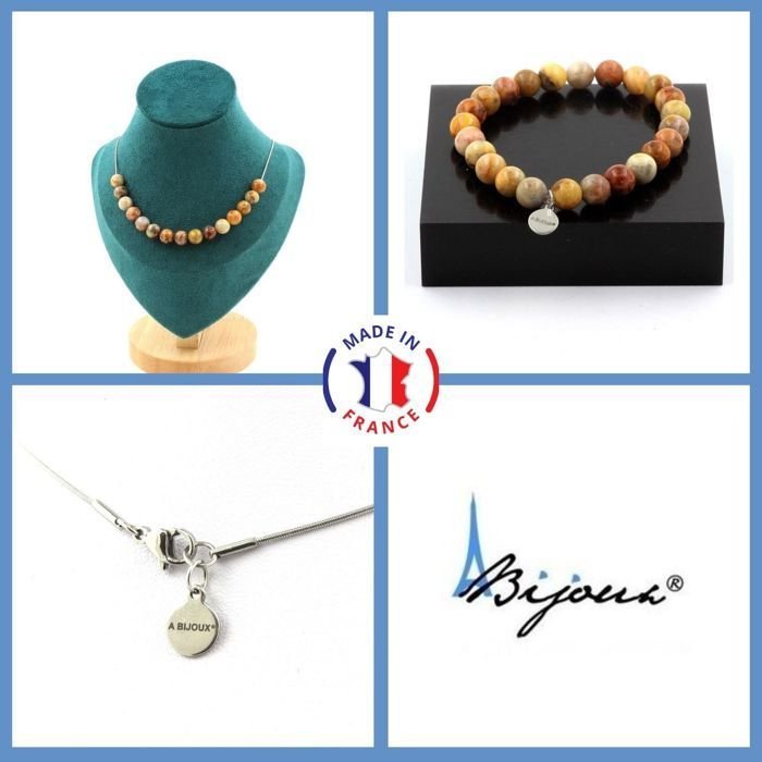 Kamienie i minerały. Komplet biżuterii Bransoletka Naszyjnik 15 Agatowych szalonych koralików koronkowych 8 mm. Łańcuszek Możliwość dostosowania roz..