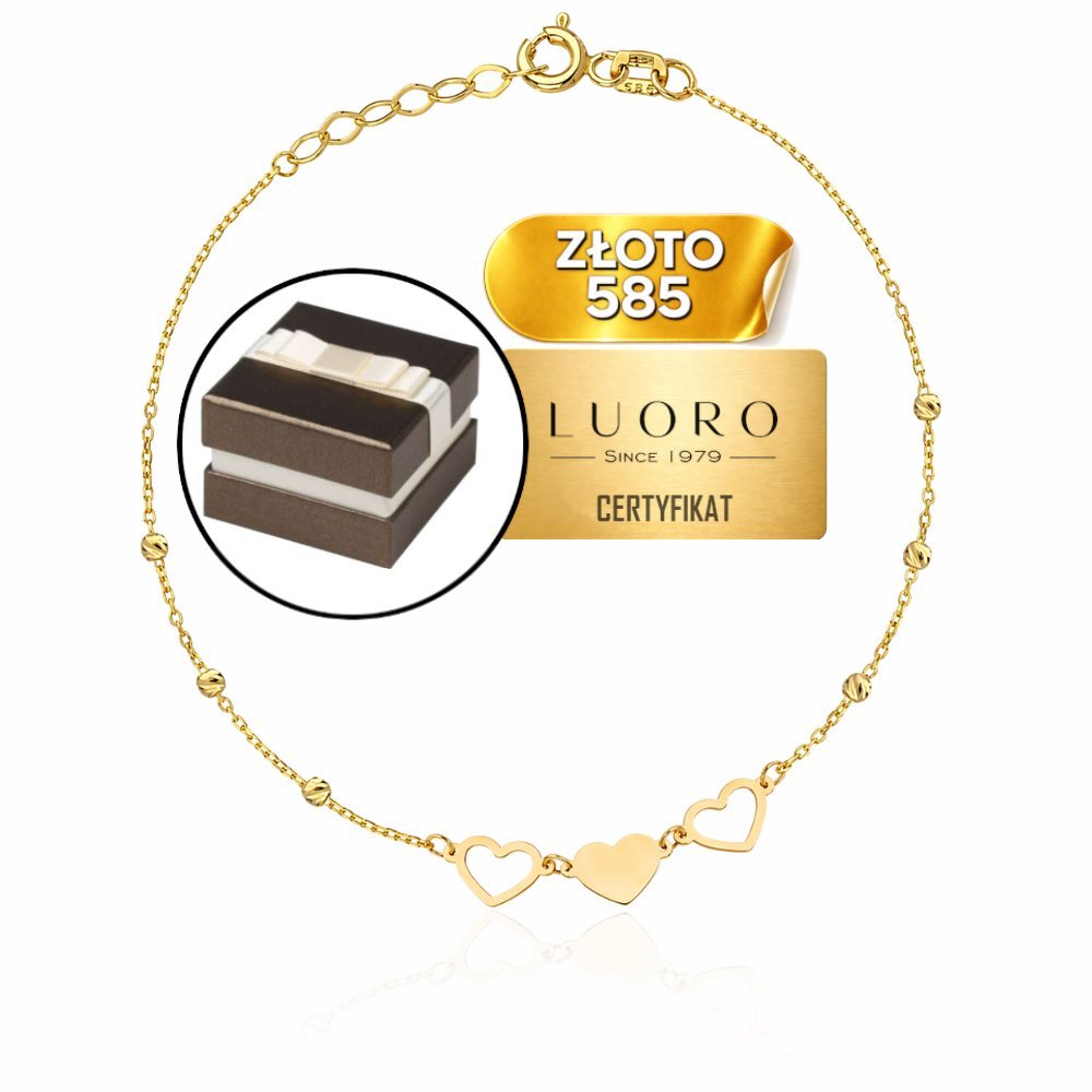BRANSOLETKA ZŁOTA 585 14K SERCA DIAMENTOWANE KULKI 17-19 CM REGULOWANA
