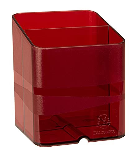 Exacompta 67724D 10 x Pojemnik na długopisy Premium Pen-Cube z 2 przegródkami dla większego porządku na biurku przybornik na długopisy organizer kolor karminowy czerwony przezroczysty