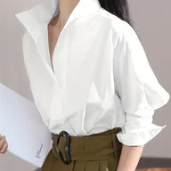 Koszule damskie - TEMU Elegancka Bluzka Damska z Wysokim Kołnierzem i Długim Rękawem – Jednokolorowa Koszula Casual, Półprzezroczysta Bluzka na Każdą Porę Roku, Pranie - miniaturka - grafika 1