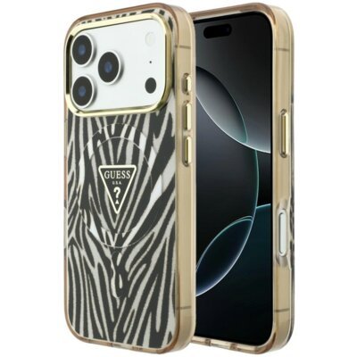 Etui GUESS IML Zebra Glitter Triangle Logo MagSafe do Apple iPhone 17 Pro Max/18 Pro Max Złoty