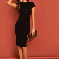 Sukienki - TEMU Kobiece Bodycon - Krótki Rękaw, Okrągły Dekolt z Marszczeniami, Jednokolorowa, Pranie Maszynowe, Wszechsezonowy Elegancki Fason, Wieczorowa - miniaturka - grafika 1