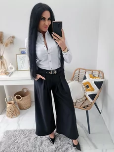 WIZYTOWE SPODNIE MATERIAŁOWE VERBENA Z SZEROKĄ NOGAWKĄ I PASKIEM KULOTY - CZARNE - MODA ITALIA - Spodnie damskie - miniaturka - grafika 1