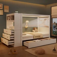 Łóżka dla dzieci i młodzieży - Łóżko dziecięce 90x200 cm - z 5 szufladami - z barierkami zabezpieczającymi - z półką - białe (bez materaca) - miniaturka - grafika 1