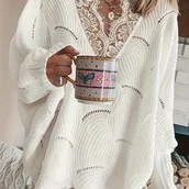 Swetry damskie - TEMU Damski sweter z akrylowego materiaナV z kontrastowト� detalem z koronki - dekolt w ksztaナDie litery V, jednokolorowy, idealny na wiosnト�/leto/jesie - miniaturka - grafika 1