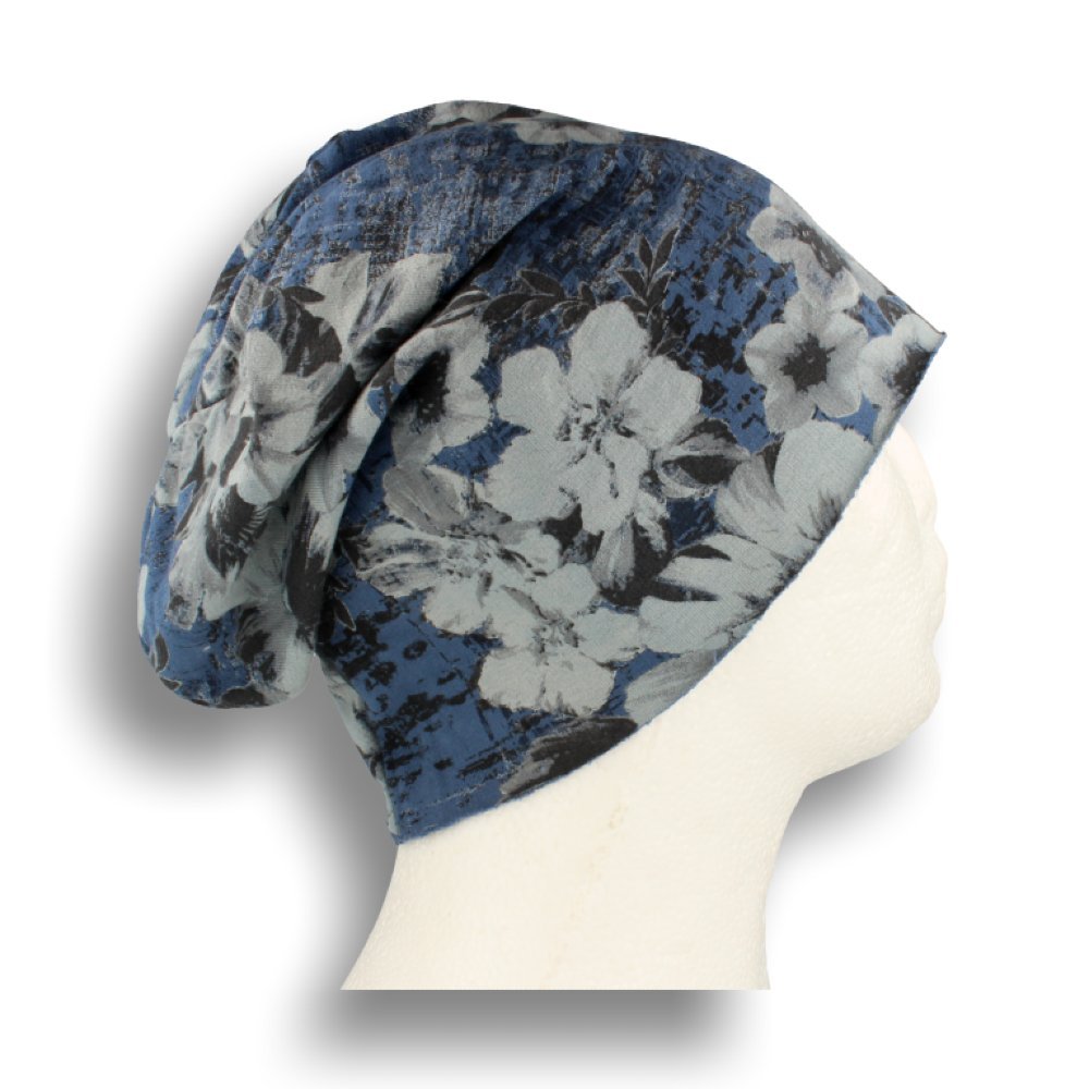 Czapka damska włoska cienka smerfetka bawełna niebieska w kwiaty