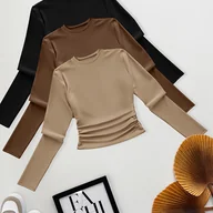 Bluzki damskie - TEMU 3 szt. Eleganckie damskie koszulki z długim rękawem - Miękkie bluzki z okrągłym dekoltem, falbanką i gładką teksturą, jednokolorowe, całoroczne - miniaturka - grafika 1